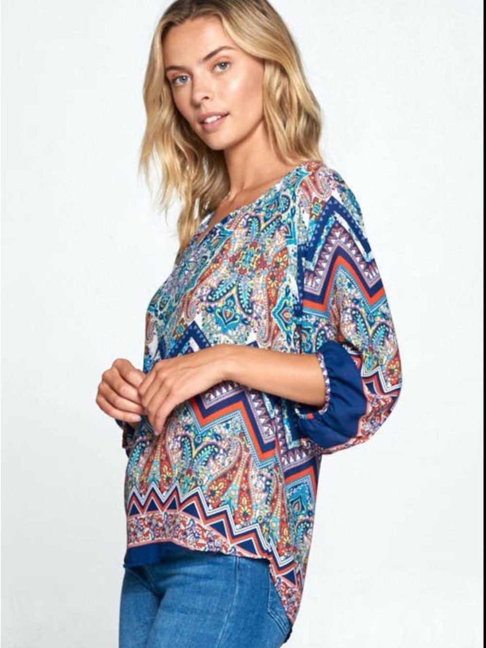 Boho Chevron Paisley V-Neck Women's Top in Multicolor by Renee C